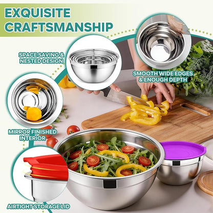 E-far Mixing Bowls With Lids Sets of 5, 10-Piece Stainless Steel Salad Metal - Image 3