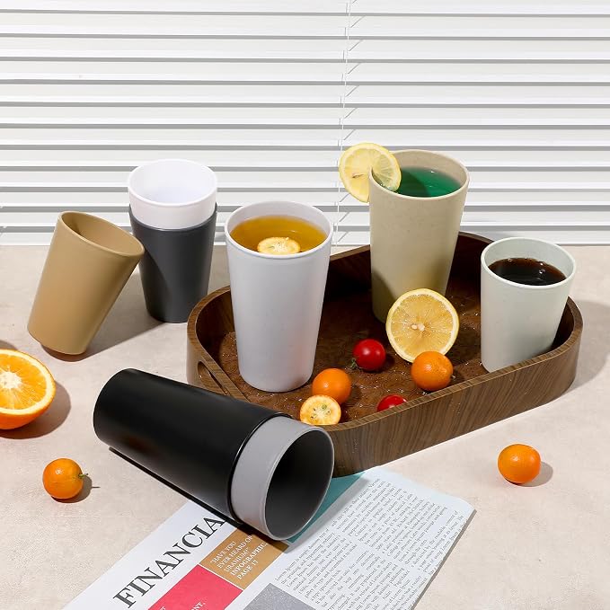 HEYCOME Set of 16 Wheat Straw Cups, Reusable Plastic Cups Sets, Water Glasses - Image 6