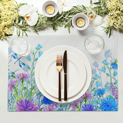 Blue Purple Floral Placemats for Dining Table Set of 4, Butterfly Decoration Spring Seasonal Washable Table Mats for Home Party Kitchen Indoor 12 x 18 Inch