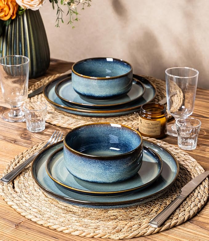 Ceramic Dinnerware Set for 4, 12-Piece Plates and Bowls Set | Handmade Reactive - Image 6