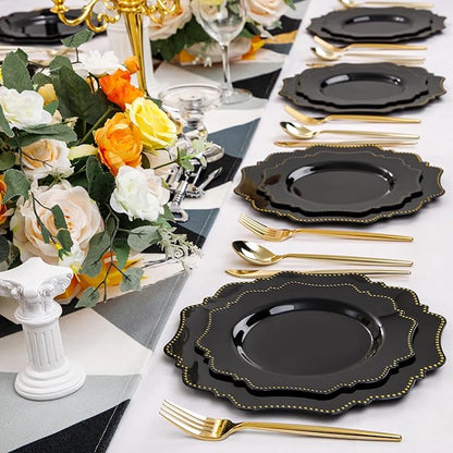 COLOSUS 60pcs Disposable Plastic Plates Set, Gold Black Party Plates, 30pcs Dinner Plates and 30pcs Salad/Dessert Plates for Wedding, Party, Anniversary, Daily Use，New Year