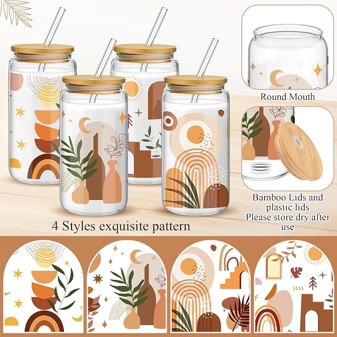 Mumufy 4 Pack Wildflower Glass Cups Gift Aesthetic Cute Glass Cup Tumbler - Image 3