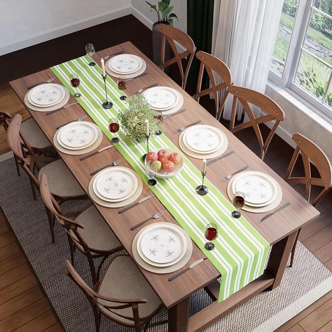 Encasa XO Table Runner, Woven Cotton Dining Runner 13"x59" Franca Lime Stripes - Image 4