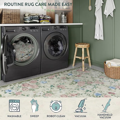 Lahome Vintage Floral Area Rugs 8x10,Large Rugs for Living Room Boho Area Rug Machine Washable, Low Pile Bedroom Rugs 8x10 Carpet for Office Rug Playroom Dining Room（Cream/Green）