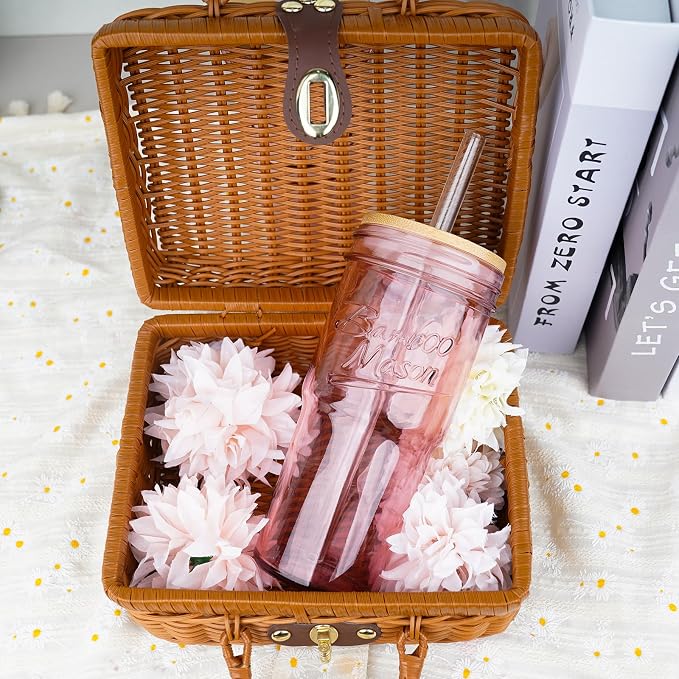 ANOTION Glass Cups with Lids and Straws, 24oz Pink Glass Tumbler Travel Coffee - Image 2