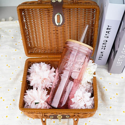 ANOTION Glass Cups with Lids and Straws, 24oz Pink Glass Tumbler Travel Coffee - Image 2