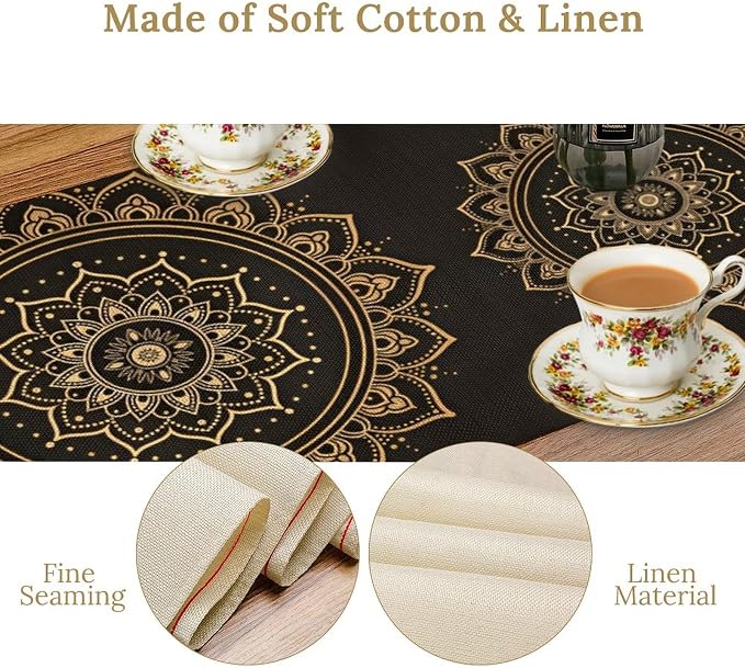 Golden Mandala Table Runner, Traditional Indian Gold Black Flower Vintage - Image 6