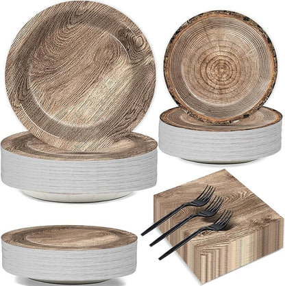 200Pcs Rustic Wooden Tree Party Supplies Paper Plates Napkins Lumberjack Camping Hunting Theme Birthday Party Decorations for Kids Hunting Serves 50