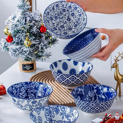 Ceramic Soup Bowls Set - 24 Oz Deep Cereal Bowl for Kitchen - 6 Inch Large Porcelain Dinner Bowl Eating Salad Pasta Dessert Oatmeal - Microwave Dishwasher Safe - Set of 6 - Vintage Blue