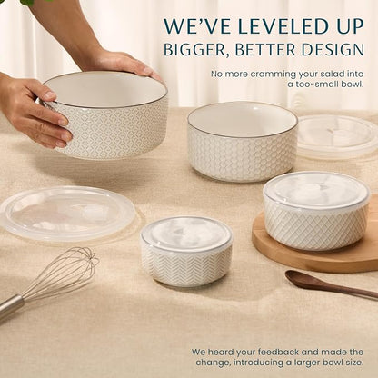 KooK Serving Bowls, with Lids, Ceramic Nesting Bowls, Microwave and Dishwasher - Image 2