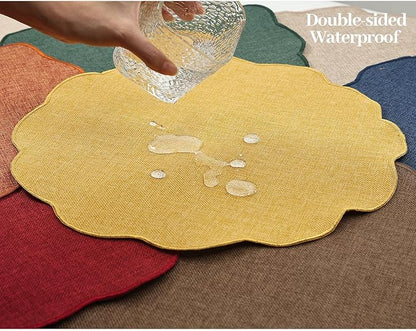 AHHFSMEI Round Faux Linen Placemats Set of 6 Waterproof Table Mats Heat Resistant Non-Slip and Stain Proof for Kitchen Dining Elegant Decor (Burgendy red,6)