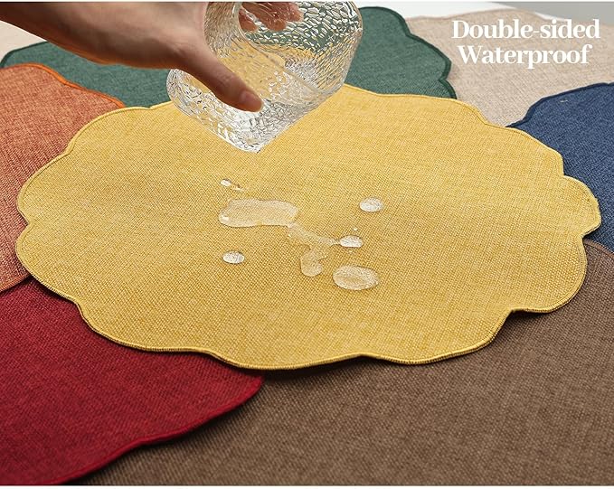 AHHFSMEI Round Faux Linen Placemats Set of 6 Waterproof Table Mats Heat Resistant Non-Slip and Stain Proof for Kitchen Dining Elegant Decor (Linen Beige,6)