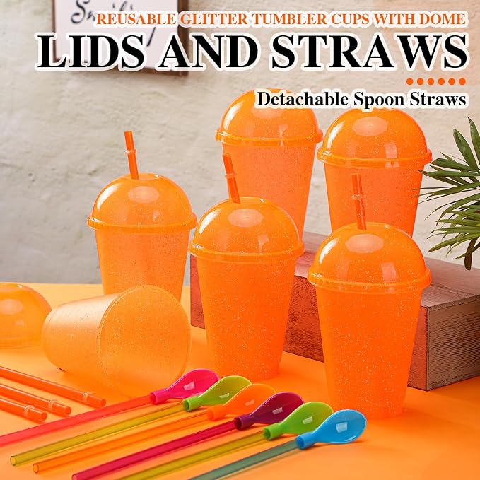 6 Set Slushie Cups with Dome Lids and Straws Detachable Spoon Straws Reusable - Image 4