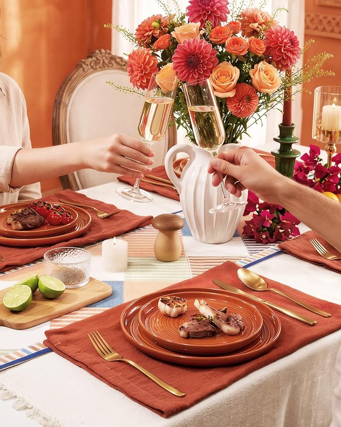 Dinnerware Set for 4, Ceramic Plates and Bowls, Terracotta | 12-Piece Ceramic - Image 4