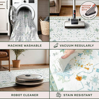 Washable Oushak 2x8 Bathroom Runner Rug - Vintage Turkish Floral 8ft Long Low Pile Non Slip Runners for Kitchen, Hallway - Cream Blue and Green
