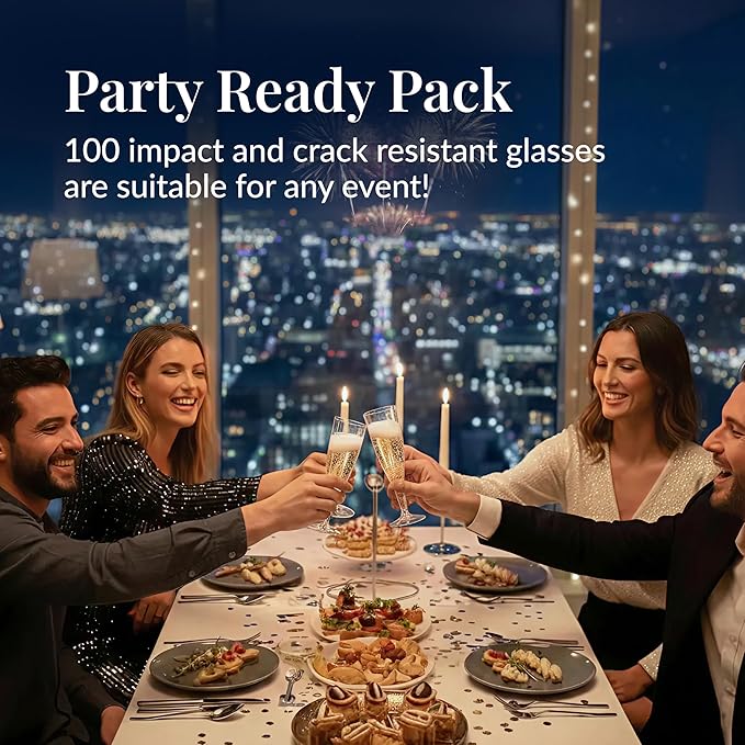 Prestee 100 Pack Clear Plastic Champagne Flutes - 4.5 oz Durable Disposable Champagne Glasses for Parties, Weddings, Toasting and Large Celebrations - Elegant Wine Glasses Stemware for Easy Cleanup