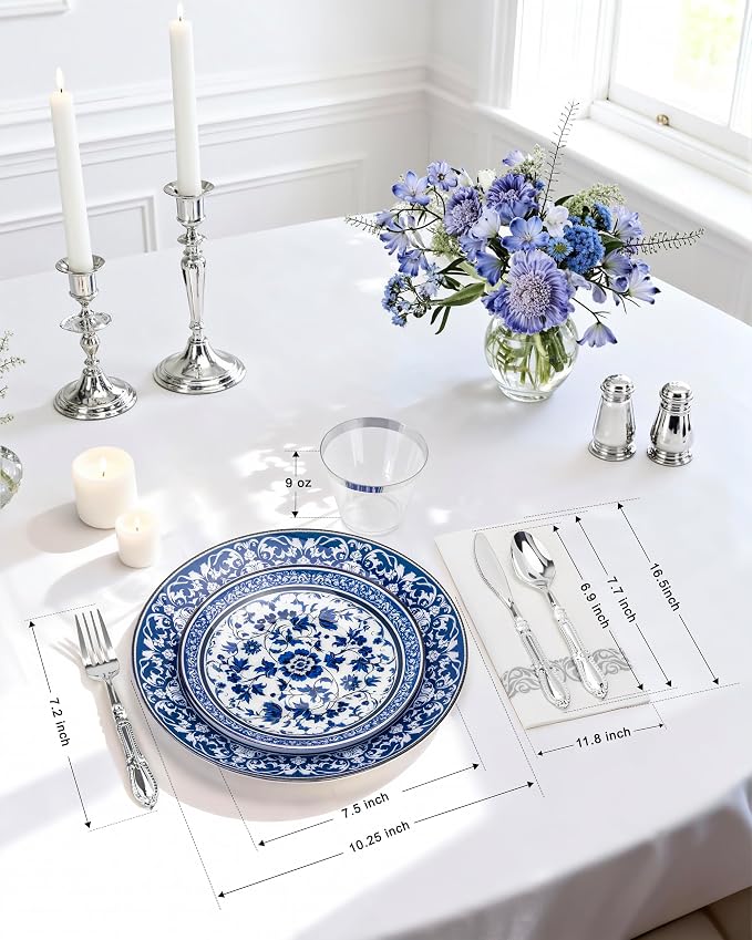 175 Pcs Blue Plates for Party & Wedding | Floral Disposable Dinnerware Set. - Image 3