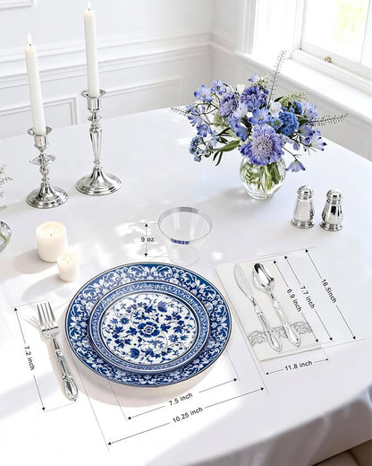 175 Pcs Blue Plates for Party & Wedding | Floral Disposable Dinnerware Set. - Image 3