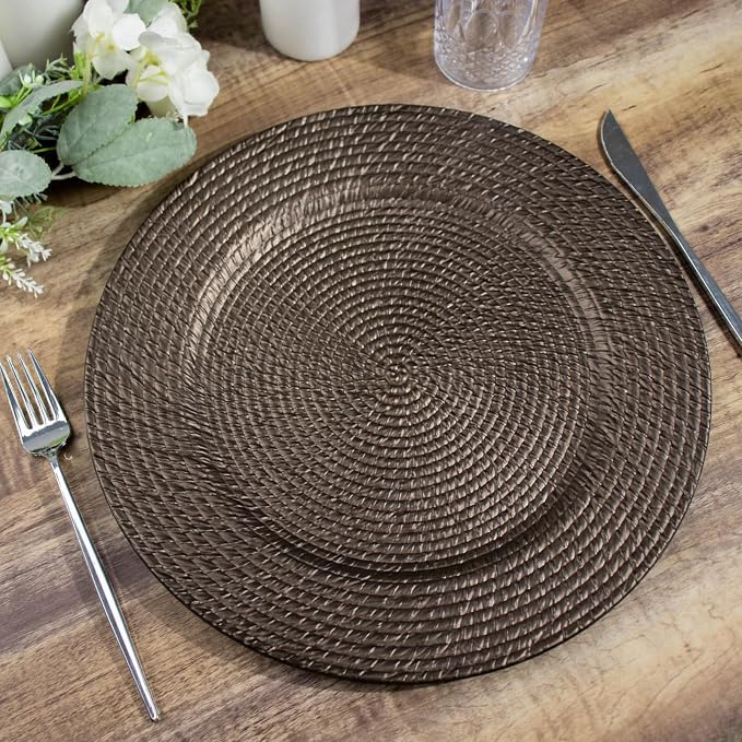 Efavormart 6 Pack | 13" Natural Brown Acrylic Plastic Rattan-Like Charger Plates by efavormart