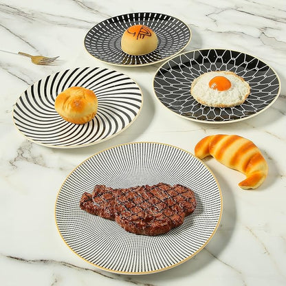 8 Inch Set of 4 Assorted Designs, Porcelain Plates With Patterns,Black Ceramic Dessert Plates, Dishware with Golden Rim for Sandwiches Salad Pasta, Microwave Oven Dishwasher Safe (A)