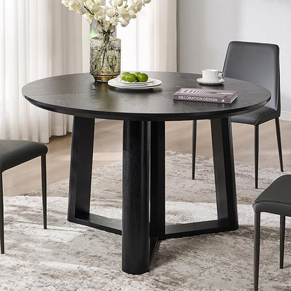 OKD 47" Dining Table for 4-6, Round Dining Room Table with Triangular Structure Pedestal Stable Base, Curved Table Edge, Circle Kitchen Tables for Dining Room, Kitchen, Black Oak