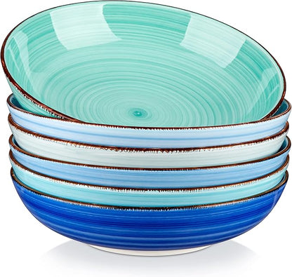 vancasso Bonita Pasta Bowls Set of 6, 38 oz Shallow Bowls, 8.5 Inch Ceramic Pasta Plates and Salad Bowls, Microwave & Dishwasher Safe Serving Bowls, Blue