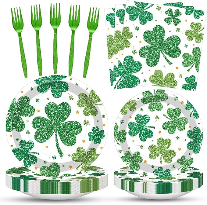 100 Pcs St. Patrick’s Day Shamrock Tableware Party Supplies Set, Serves 25 – by Merriva