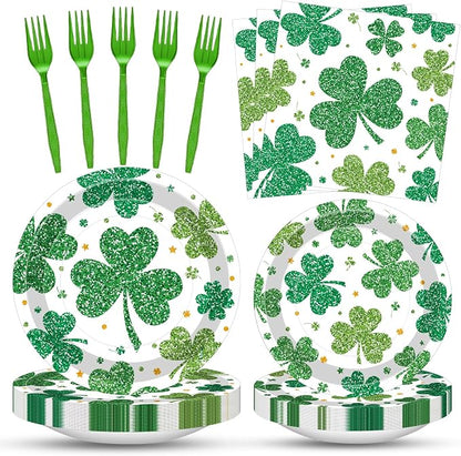 100 Pcs St. Patrick’s Day Shamrock Tableware Party Supplies Set, Serves 25 – by Merriva