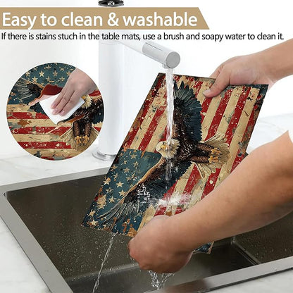 American Flag 12x18 Inch Placemats Set of 6 - Waterproof, Retro Eagle Non-Slip & Washable Table Mats for Kitchen & Dining Table Placemats