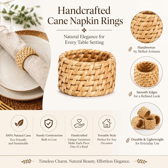 Rattan Napkin Rings Set of 12, Handwoven Natural Cane Napkin Ring Holders - Image 6