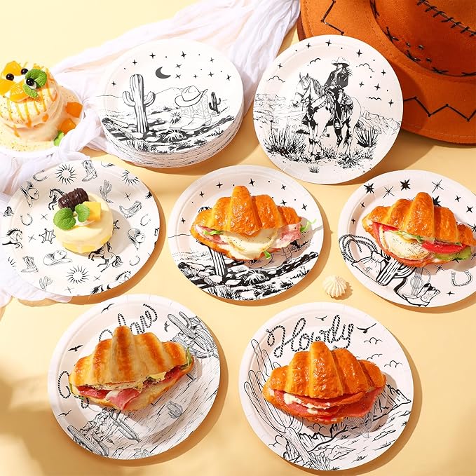 60 Pcs 7 Inch Western Cowgirl Cowboy Baby Shower Paper Plates Wild West Rodeo Decorations Tableware Dessert Dinner Plates for Rodeo Bachelorette and Birthday Party Supplies