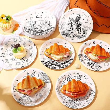 60 Pcs 7 Inch Western Cowgirl Cowboy Baby Shower Paper Plates Wild West Rodeo Decorations Tableware Dessert Dinner Plates for Rodeo Bachelorette and Birthday Party Supplies