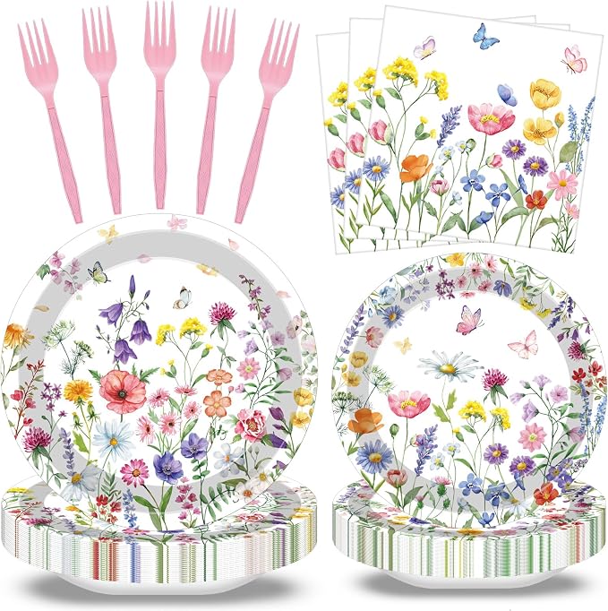 100 Pcs Spring Floral Party Supplies Set, Serves 25 – Disposable Flower Paper by Merriva