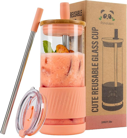 Pandaloo® Glass Cups With Lids and Straws -20 Fl Oz- Perfect Size Iced Coffee by Pandaloo