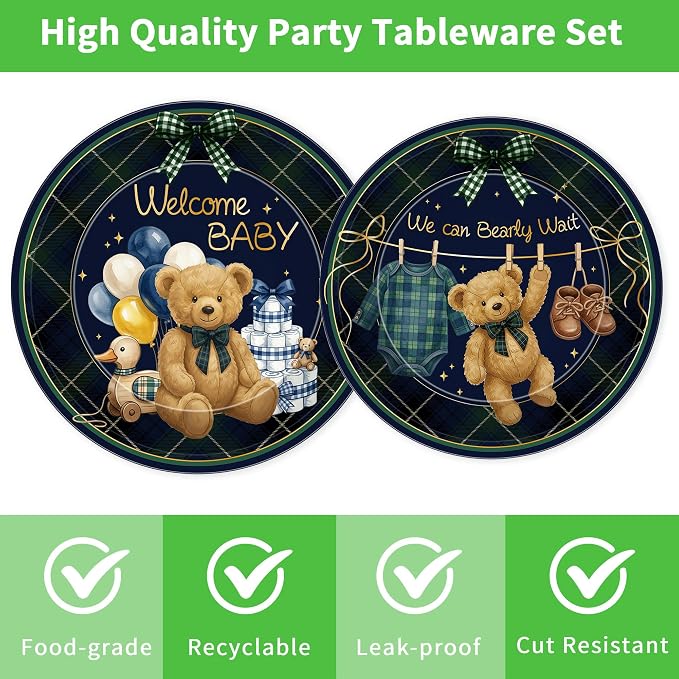 96 Pcs We Can Bearly Wait Baby Shower Decorations, Bear Tableware Set | - Image 3