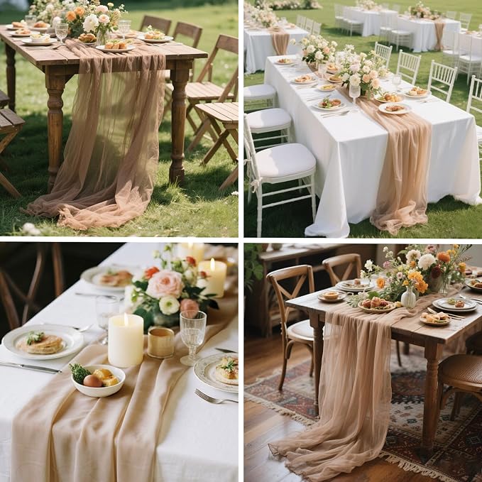 4 Pcs 10FT Champagne Chiffon Table Runners 30x120 Inches Sheer Tulle Boho Table - Image 7