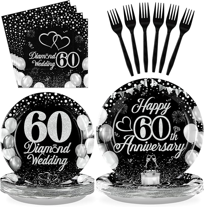 Greencian 96Pcs 60th Wedding Anniversary Decorations, Serves 24 | Anniversary by Grencian