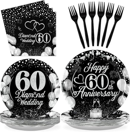 Greencian 96Pcs 60th Wedding Anniversary Decorations, Serves 24 | Anniversary by Grencian