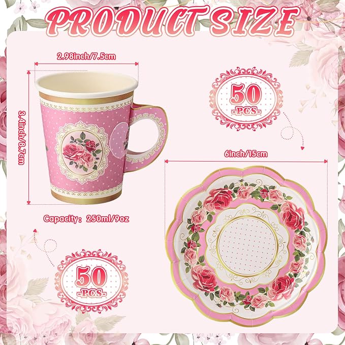 Tioncy 100 Pcs Tea Party Decorations Include 50 Pieces 9 oz Paper Tea Cups - Image 2