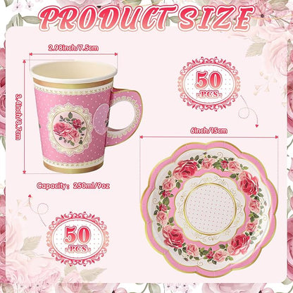 Tioncy 100 Pcs Tea Party Decorations Include 50 Pieces 9 oz Paper Tea Cups - Image 2