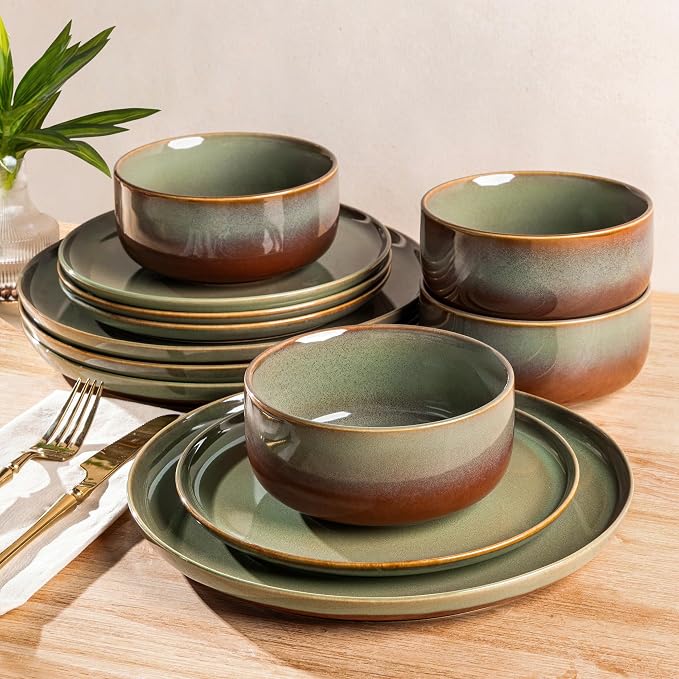 Ceramic Dinnerware Set for 4, 12-Piece Plates and Bowls Set | Handmade Reactive by TheTerra