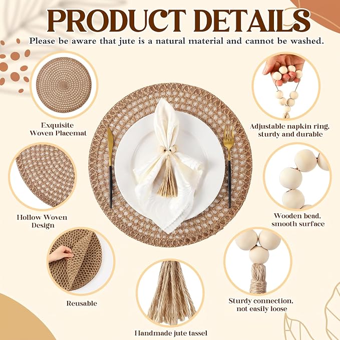 12 Pcs 15'' Burlap Boho Woven Placemat Wood Bead Napkin Rings - Image 4