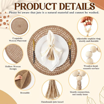 12 Pcs 15'' Burlap Boho Woven Placemat Wood Bead Napkin Rings - Image 4