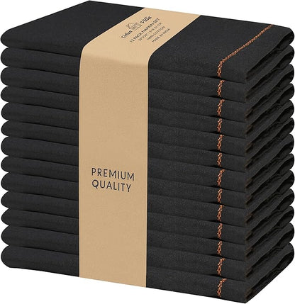 Urban Villa Cloth Napkins Set of 12 20"x20" 100% Cotton Hemstitch Napkins Cloth Washable Durable Reusable Absorbent Table Dinner Napkins Cloth for Hotel Lunch Restaurant Weddings Parties –Black Orange