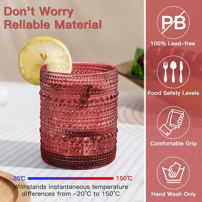 JOVGANK Red Vintage Hobnail Drinking Glasses Set of 6, Embossed Water Tumbler - Image 2