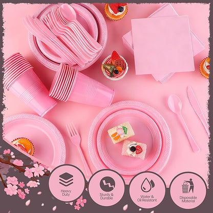 Kochorie 240 Pieces Pink Plastic Dinnerware Set Disposable Heavy Duty Plates Napkins Cups and Silverware Dessert Dinner Plates for Birthday Wedding Baby Shower Party Supplies, Serves 30 Guests