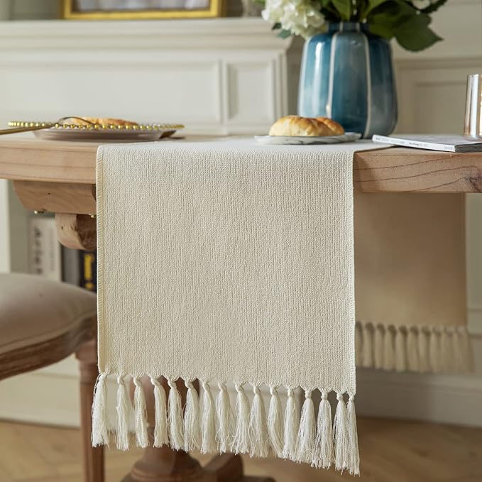 Cream Table Runners 60 Inches Long, Burlap Linen Style Rustic Farmhouse Table by ZEEMARTONLINE