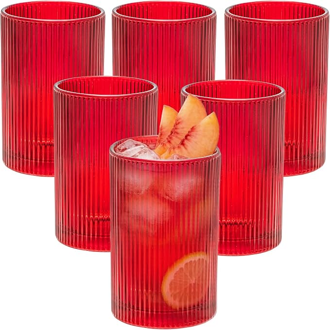 18 oz Ribbed Drinking Glasses Set of 6, High Clear Vintage Iced Coffee Cups by XKXKKE