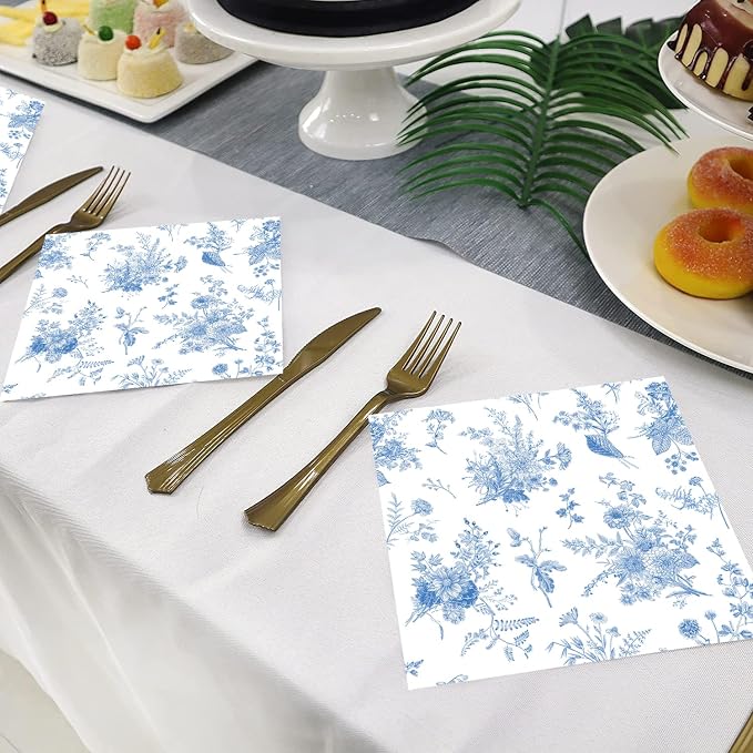 175Pcs Blue Floral Party Supplies Set 9"& 7"Blue White Floral Plates Napkins - Image 3