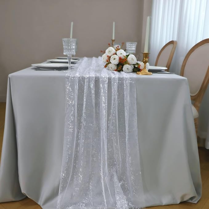 Snowkingdom White Silver Table Runner Gauze Sheer Tulle 10 FT 120 Inch Sparkly - Image 6
